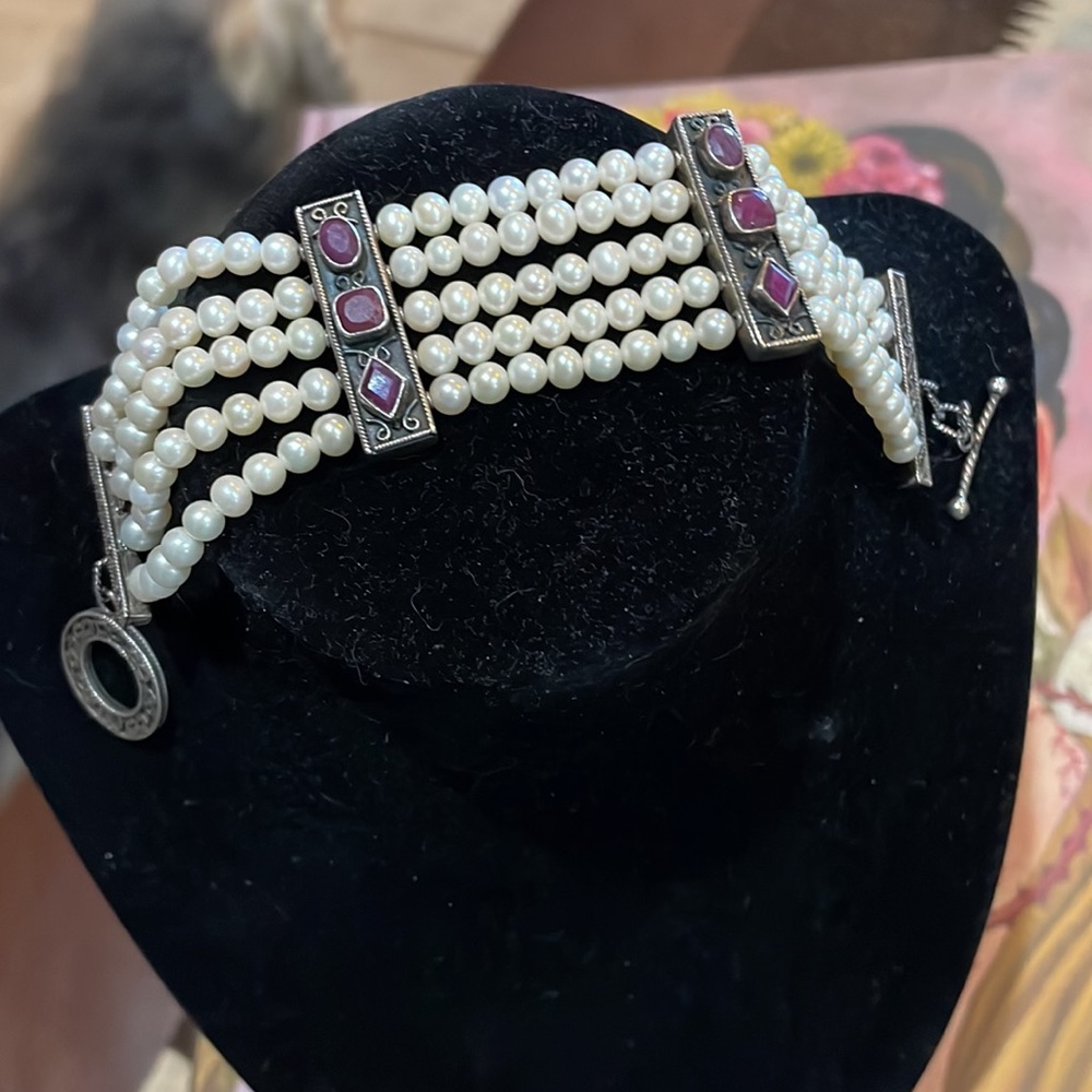Sterling Silver, Ruby And Pearl 5 Strand Bracelet. - image 2